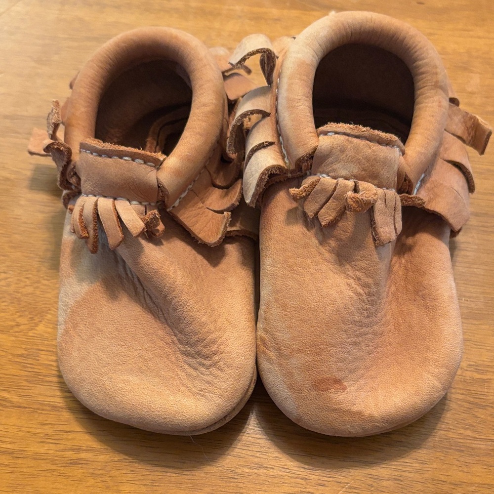 Freshly picked Brown Leather Kids Moccasins worn in, size 4